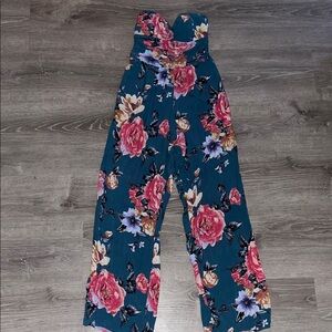 Floral Strapless sweetheart Jumpsuit - Teal and Pink flowers with pockets.